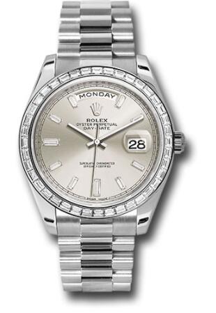 Replica Rolex 950 Platinum Day-Date 40 Watch 228396TBR Bezel Silver Baguette Diamond Dial President Bracelet